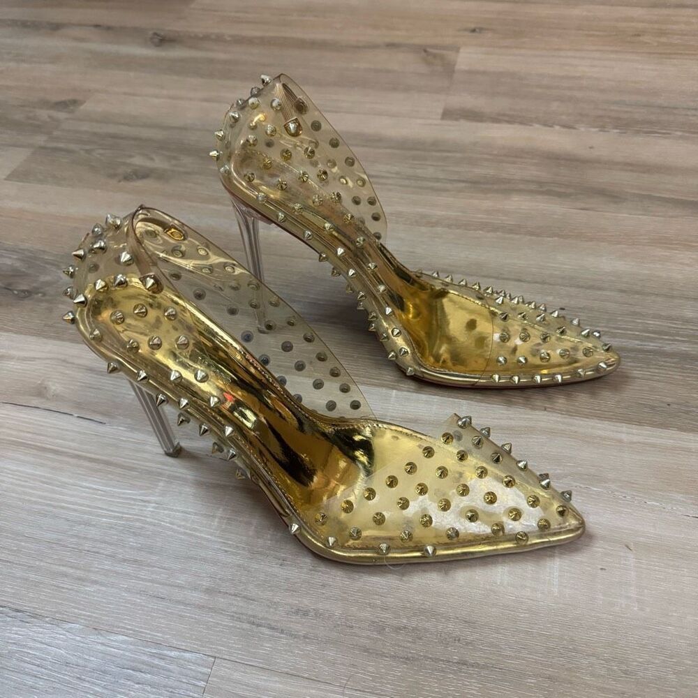 Gold Pointed-Toe Studded Clear Pumps for Women